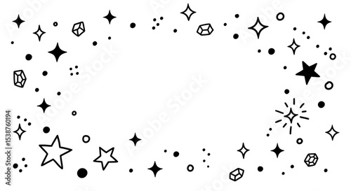Abstract black and white starry border with geometric shapes and sparkles vector illustration
