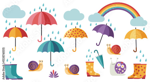 Colorful rainy day elements with umbrellas, snails, and rainbow vector illustration