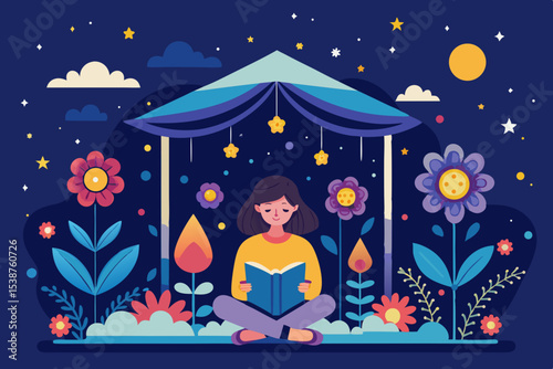 girl reading floating book