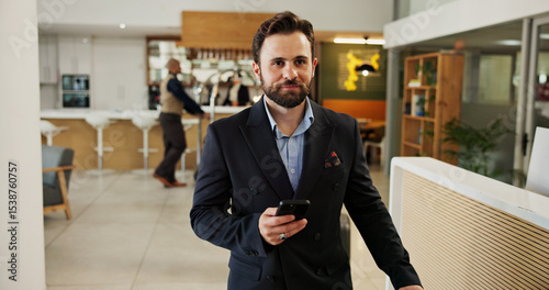 Phone, walking and business man at hotel for guest, conference itinerary and booking reservation. Expo schedule, networking and event venue with person for online, keynote speaker list and travel