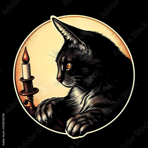 Black cat sitting beside candle in vintage illustration style  