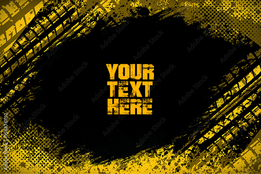 Grunge style banner with black brush stain in the center, halftone dot texture, yellow background with tire tracks. Editable design for custom text. Perfect for urban-themed projects.