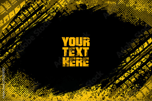 Grunge style banner with black brush stain in the center, halftone dot texture, yellow background with tire tracks. Editable design for custom text. Perfect for urban-themed projects.