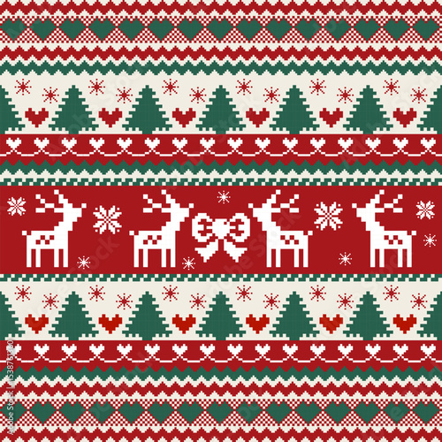 Christmas Seamless Pattern with Reindeer, Bows, and Hearts