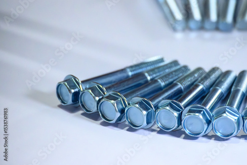 Close up scene the group of galvanize bolts with hexagon head with thread for use with nuts.
