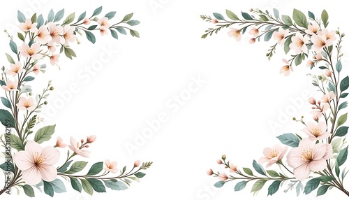 Vintage floral border with soft pastel roses, peonies, and leaves on white background. Perfect for wedding invitations, greeting cards, and elegant designs with space for text in the center.