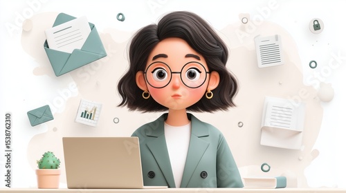 Female business use a laptop at table with icons floating around. contact information icon like mailbox, folder icons, achievement charts, cybersecurity lock, and lightbulbs. webtoon style photo