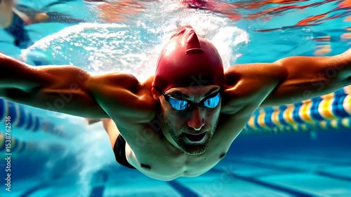 Competitive swimmer diving underwater in a pool, showcasing speed and determination, with vibrant lane markers