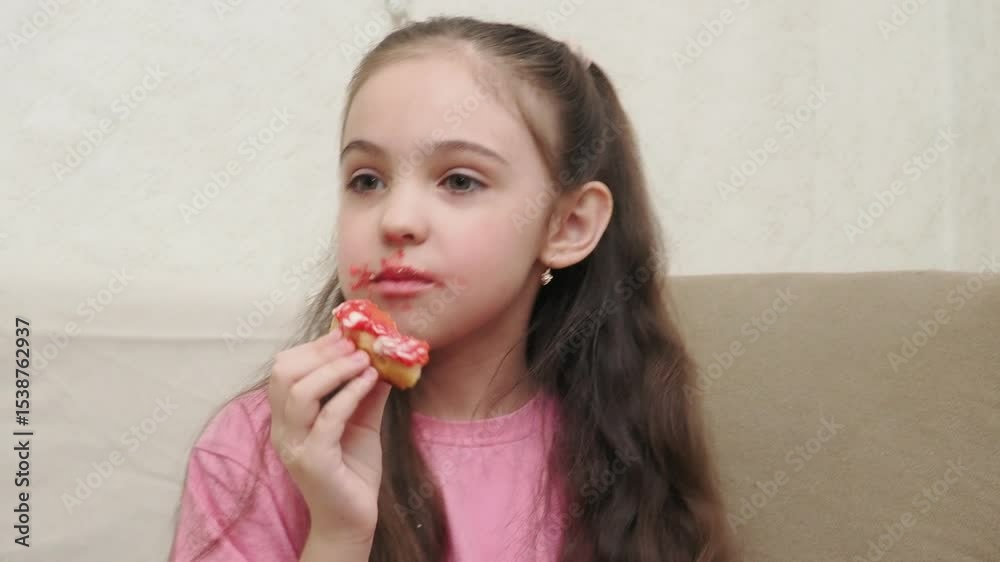 Cute little boy with blond hair and girl, brother and sister having fun with glazed donuts sticking his tongue out. Children and sweet junk food concept. Kid eating sweets at home Cute little boy with blond hair and girl, brother and sister having fun with glazed donuts sticking his tongue out. Children and sweet junk food concept. Kid eating sweets at home