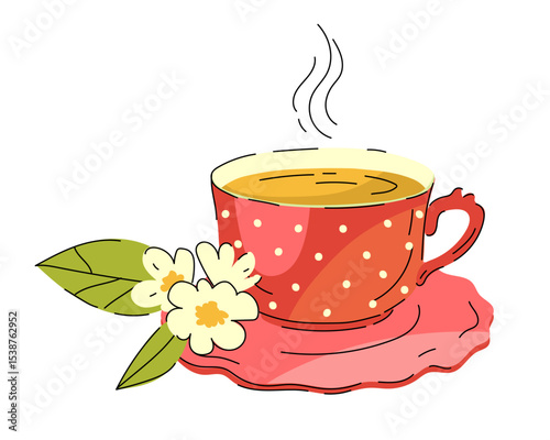Porcelain cup with polka dots and jasmine flowers on a saucer. Hot green tea in a red cup. Elegant cup with saucer and steam. Vector illustration, isolated on white. Cute design. Cartoon