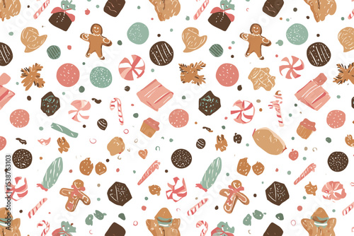Pastel Christmas Sweets Seamless Pattern Gingerbread Cookies Candy Canes