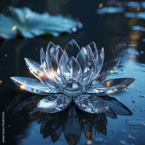 Crystal Lotus Flower on Dark Water, Mystical Still Life