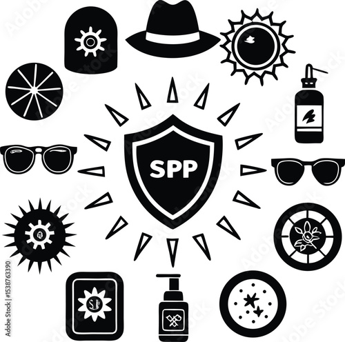 Sun Protection Icons Set Featuring SPP Shield, Sunscreen, Sunglasses, Hats, and UV Defense Symbols – Vector Silhouette Illustration
