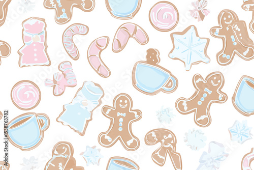 Pastel Gingerbread Cookies Candy Canes Coffee Cups Seamless Pattern