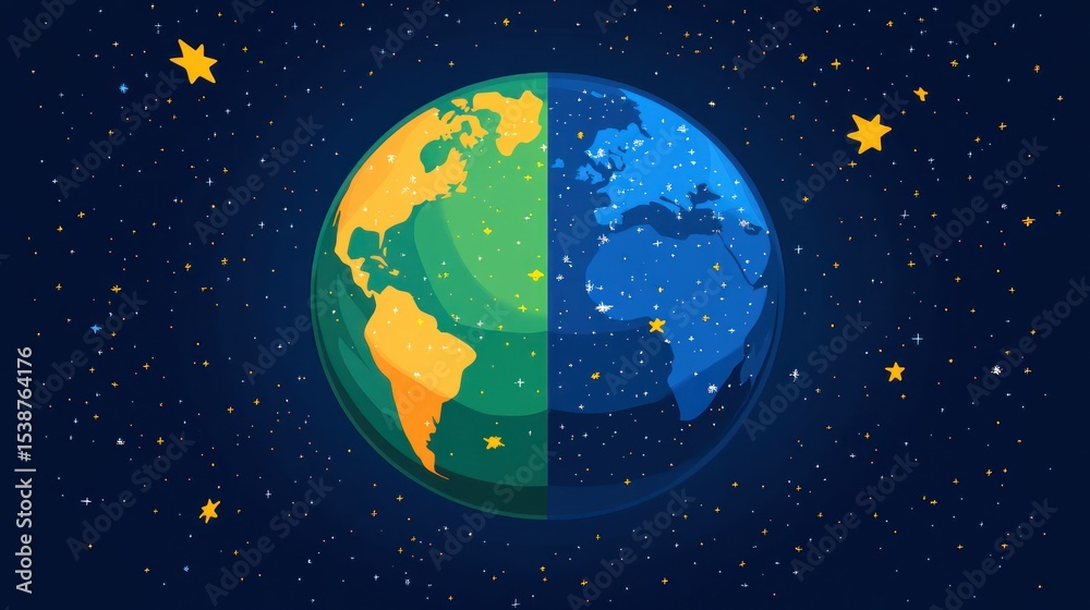Naklejka premium Cartoon earth globe divided in half, sunlit daytime, nighttime dark side, starfield