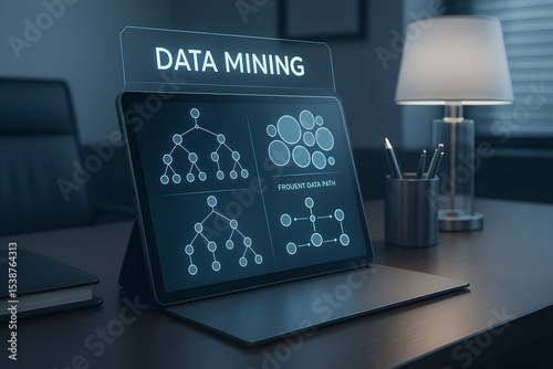 Data mining concept visualized on tablet display in a modern office setting illustrating information technology analysis and business intelligence