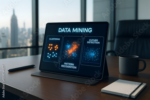 Data mining concepts displayed on a tablet with visualizations of clustering pattern recognition and outlier detection for analysis