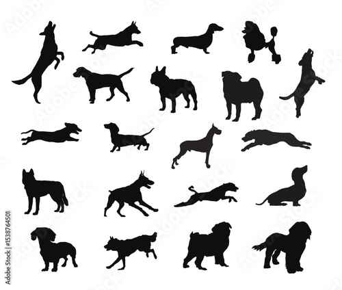 Set of dogs silhouette in different poses,Hand drawn black dogs isolated on transparent background,collection of black dogs design elements vector illustration
