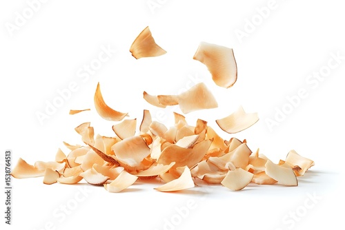 Delicious toasted coconut flakes falling on a white background, perfect for food blogs, recipes, and packaging design.