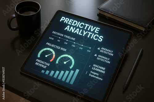 Digital tablet displaying predictive analytics data visualization for business strategy and decision making with charts and gauges