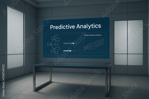 Futuristic office setting displaying predictive analytics and data visualizations on a holographic screen illustrating business strategy and market analysis