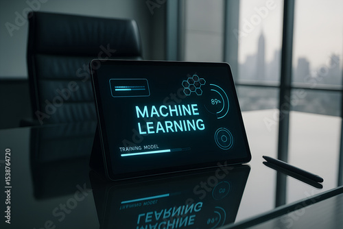 Machine learning progress displayed on tablet surface at a modern workspace with city skyline in background