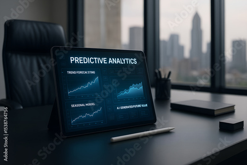 Modern business analytics displayed on tablet for trend forecasting and ai generated future value analysis in an office setting