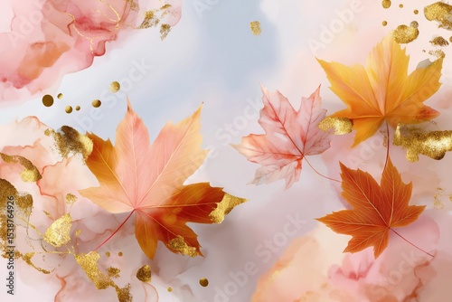 Autumn leaves in warm hues with gold accents on a soft pastel background for design inspiration