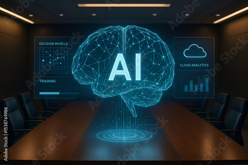 Ai technology brain interface in a modern corporate boardroom illustrating artificial intelligence cloud analytics and machine learning applications