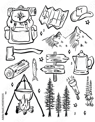 Hand drawn whimsical camping vector. Sketch camping collection vector