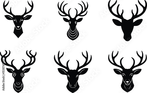 Natural themed beautiful deer head visuals shown on white background silhouette Vector set
