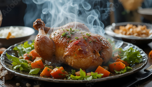 Wallpaper Mural Close up image of a freshly roasted and steaming whole chicken on a plate for dinner. Torontodigital.ca