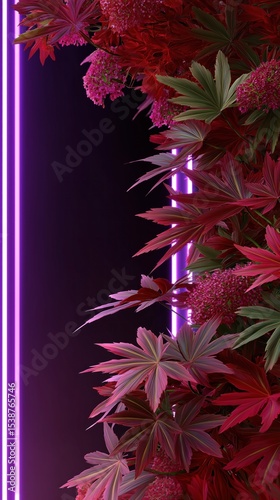 Vibrant red foliage with neon lights creating a striking visual contrast in a dark background