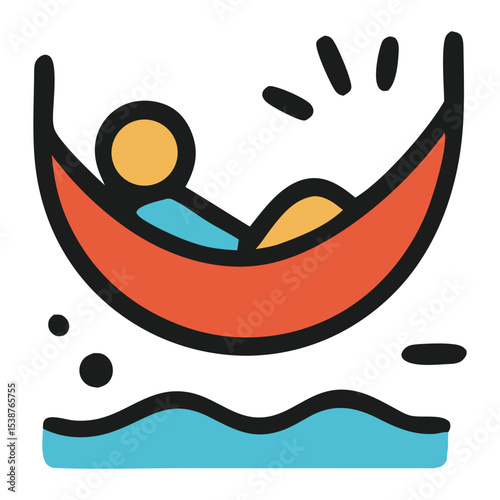 Travel destination relaxing in a red hammock by tranquil water perfect escape. Ideal for vacation brochures, travel blogs, and relaxation themed websites.