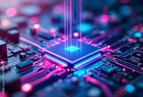 A vibrant microchip surrounded by a glowing circuit board.