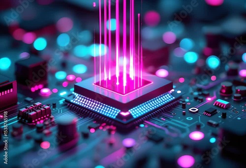 A vibrant microchip surrounded by a glowing circuit board.
