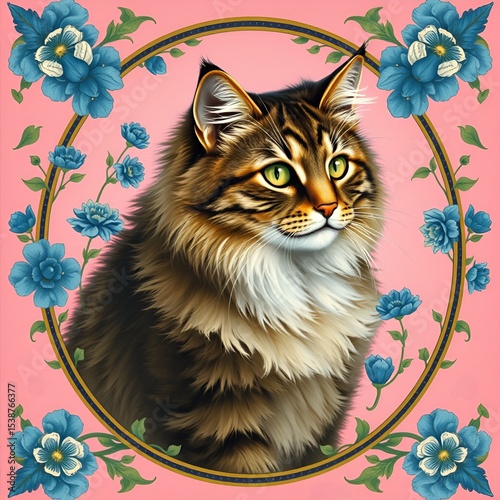 Tabby cat portrait with flowers