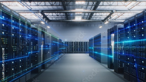 Photos Futuristic Data Center with Server Racks in Big Warehouse