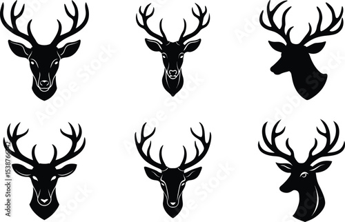 Stylish collection of detailed deer head artworks on white background silhouette Vector set
