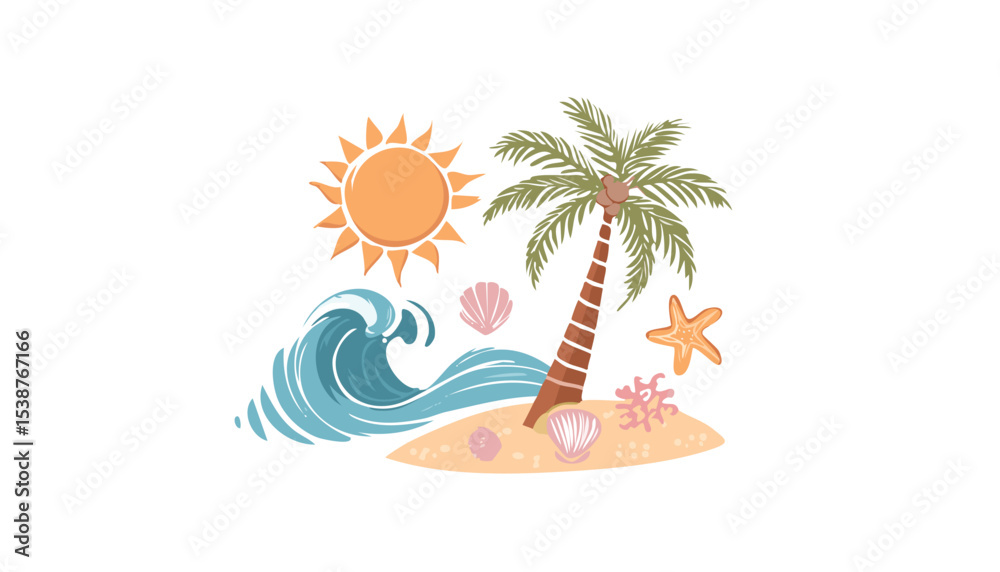 Obraz premium Abstract summer poster in doodle naive. Modern prints with hand drawn palm tree, sun, sea, wave, seashells. Vacation and beach concept. Trendy design for cards,doodle, ink, outline, palm, poster, 
