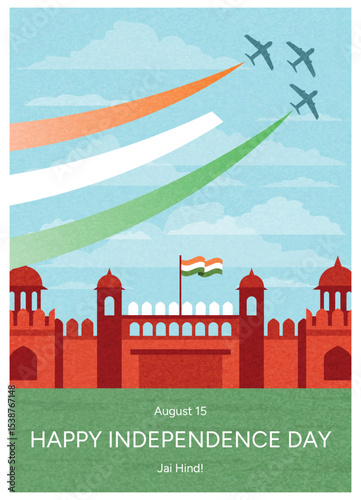 Red Fort with Indian Flag and Three Fighter Jets Drawing Saffron White Green Trails in Sky. August 15 Celebration. Flat Vector Illustration for Card, Poster, Banner, Web Design.
