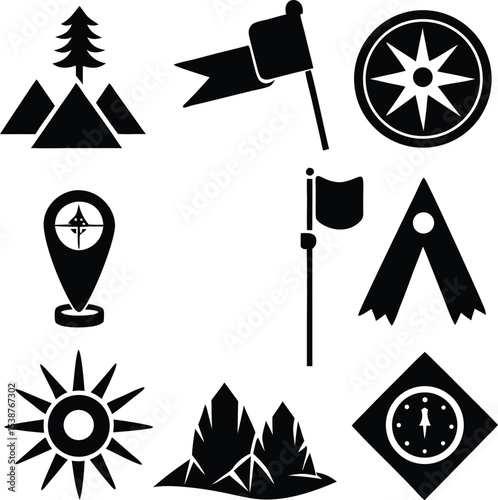 Outdoor Adventure and Navigation Silhouette Icon Set