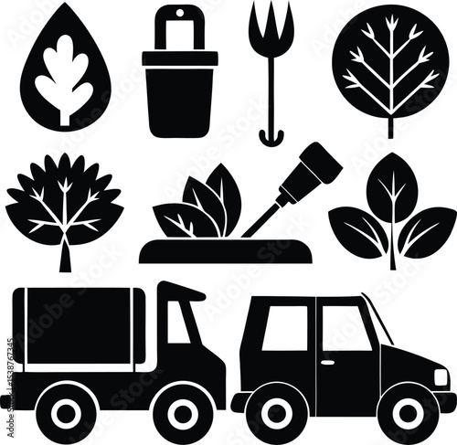 Environmental Care and Agricultural Vehicles Silhouette Icons