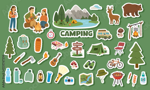 Camping sticker vector set. Sticker of camping element with landscape, campsite, equipment, people. Flat vector in cartoon style isolated on white background.