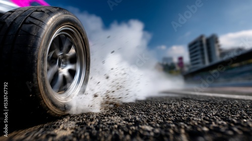 Drifting car tire kicking up smoke and debris on a track photo