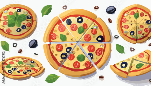 Hand drawn italian pizza set. Pizza Margherita with tomato, cheese mozzarella, basil and olives. Pieces of pizza. Set of various ingredients. Vector.ingredient, menu, piece, tomato, illustration, 