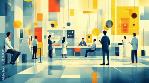 Abstract illustration of people in a modern, geometric interior space, interacting with technology and each other.