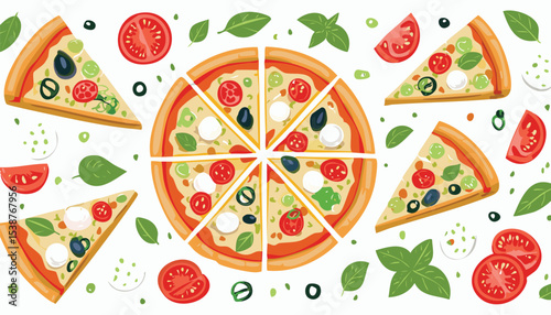 Hand drawn italian pizza set. Pizza Margherita with tomato, cheese mozzarella, basil and olives. Pieces of pizza. Set of various ingredients. Vector.ingredient, menu, piece, tomato, illustration, 