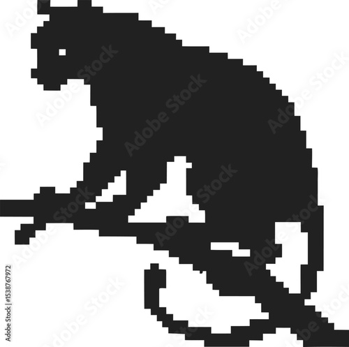 Pixel art panther silhouette on tree branch, retro digital wildcat in black and white minimalist illustration