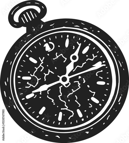 Vintage hand drawn pocket watch illustration with roman numerals retro mechanical timepiece, classic clock engraving art